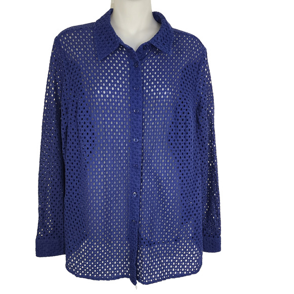 Denim & Co Shirt Womans Medium Blue Button Up Eyelets Sheer Long Sleeve A288398 - Picture 1 of 9